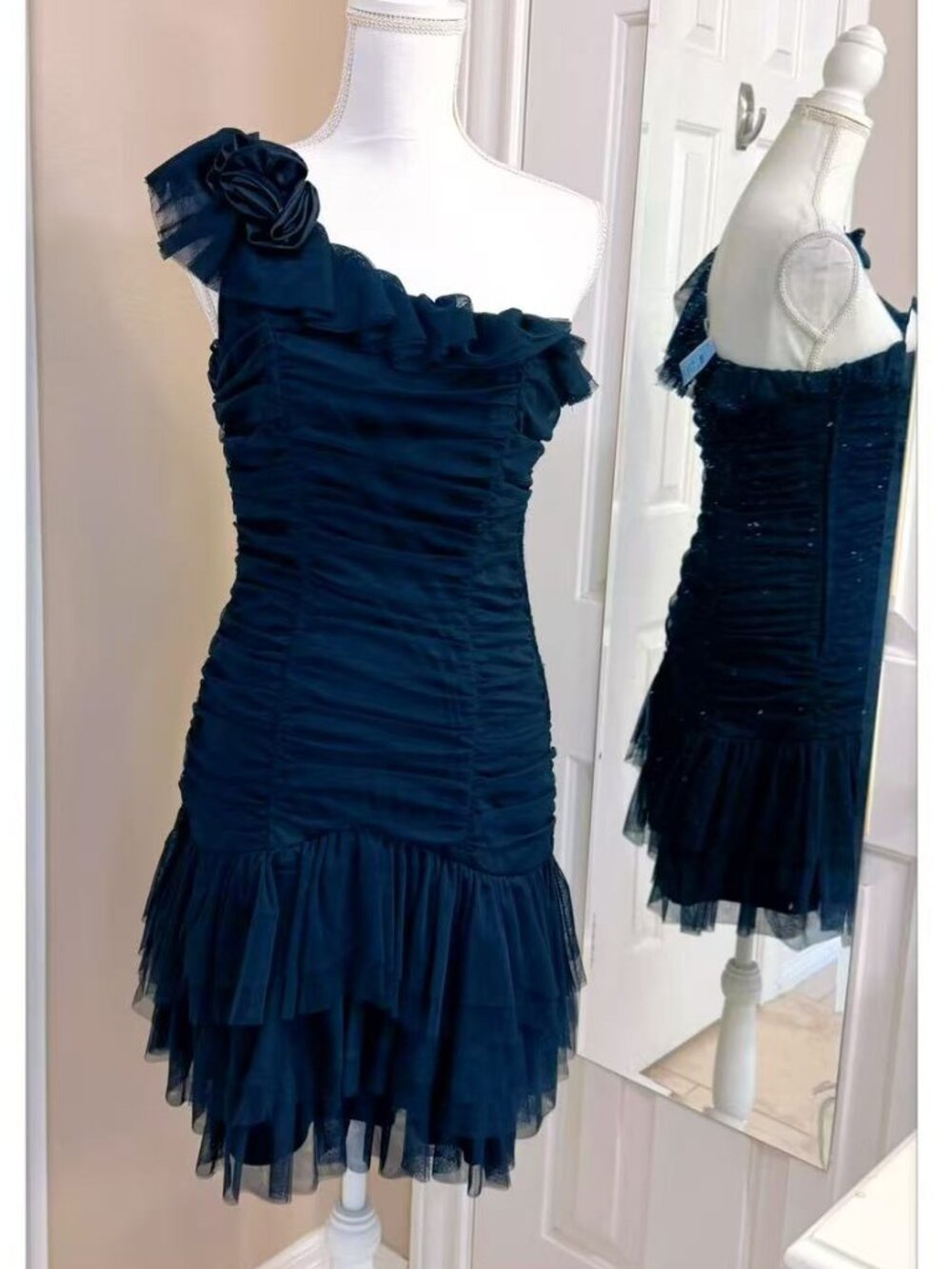 floral tulle rosette accent One-shoulder cocktail dress 13/14 fit 8